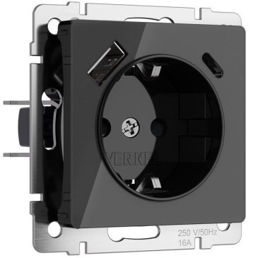 Штепсельная розетка встраиваемая WERKEL 16A 250V W1171748 с/з, шторками и USB тип A+C черный акрил