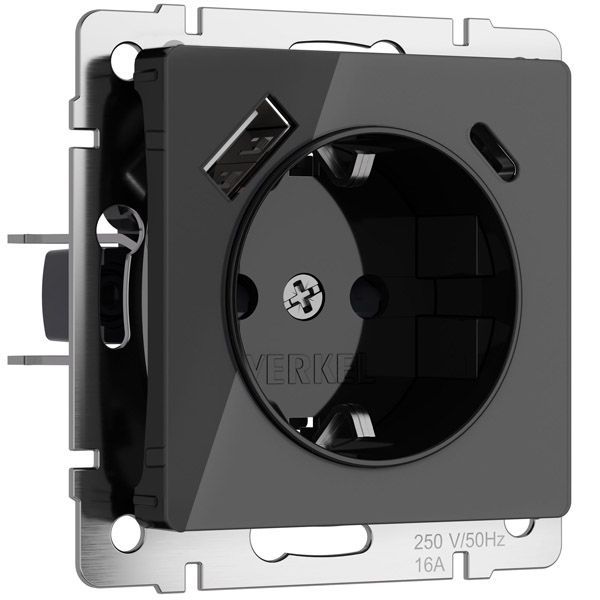 Штепсельная розетка встраиваемая WERKEL 16A 250V W1171748 с/з, шторками и USB тип A+C черный акрил