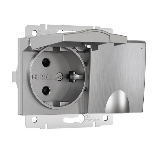 Штепсельная розетка встраиваемая двойная WERKEL 16A 250V W1172209 с/з с защит. крышками и шторками IP44 серебряный рифленый