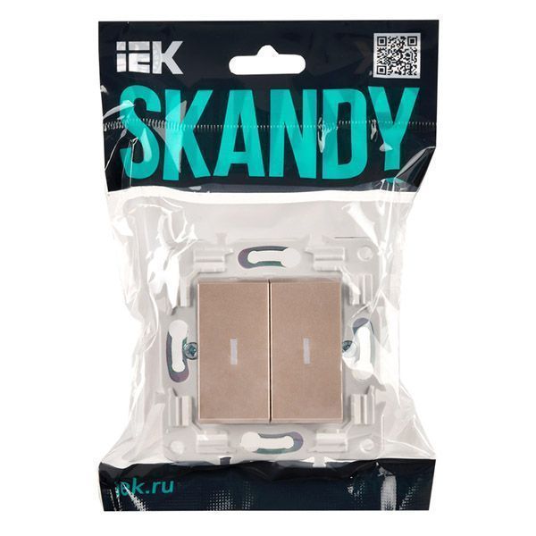 Выключатель встраиваемый двухклавишный проходной с подсветкой IEK SKANDY SK-V22-1-10-K98 SK-V10Sa песочный
