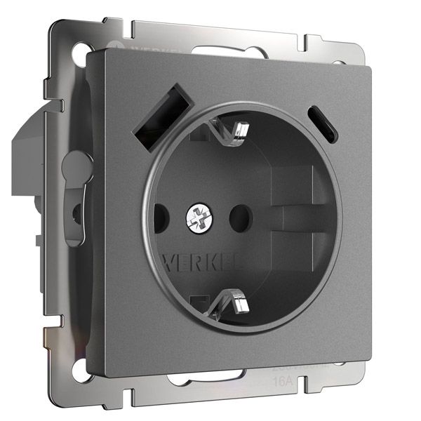Штепсельная розетка встраиваемая WERKEL 16A 250V W1171764 с/з, шторками и USB тип A+C графит матовый