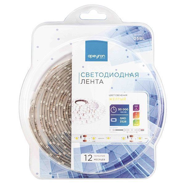 Светодиодная лента  Желтый 3528 12V  4.8W/m 60Led/метр герм (силикон) 05BL Стандарт 5м IP65 блистер Светодиодная лента  Желтый 3528 12V  4.8W/m 60Led/метр герм (силикон) 05BL Стандарт 5м IP65 блистер