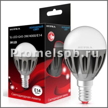 светодиодная лампа шар  G45 Белый дневной  3.0W Supra SL-LED-G45-3W/4000/E14 2632